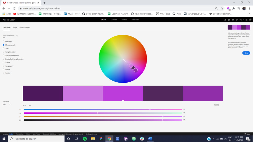 Figure 2 Monochromatic Color Scheme using Adobe Color CC